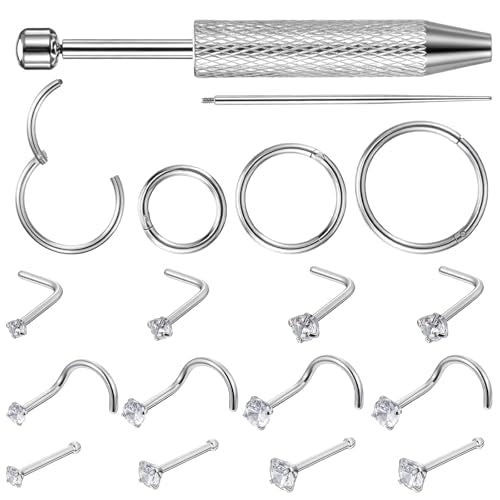 17PCS 18/20G Nose Stud Set, Spiral and L-Shaped Nostril Piercing Jewelry, Anti-Sensitive Stainless Steel Hoop Nose Ring for Auricle Ear Cartilage Tragu Earring Lip Noses, Suitable for Women Men