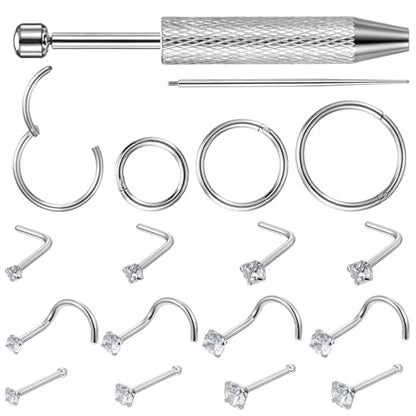 17PCS 18/20G Nose Stud Set, Spiral and L-Shaped Nostril Piercing Jewelry, Anti-Sensitive Stainless Steel Hoop Nose Ring for Auricle Ear Cartilage Tragu Earring Lip Noses, Suitable for Women Men
