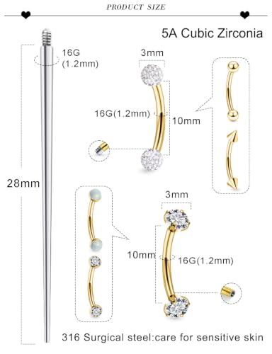 16G Eyebrow Ring Piercing Jewelry Surgical Steel CZ Opal Ball Spike Curved Barbell Vertical Labret Lip Ring Rook Daith Earrings Belly Button Ring Piercing Jewelry for Women Men 6MM 8MM 10MM - color: Gold, size: 16G, 10mm Length
