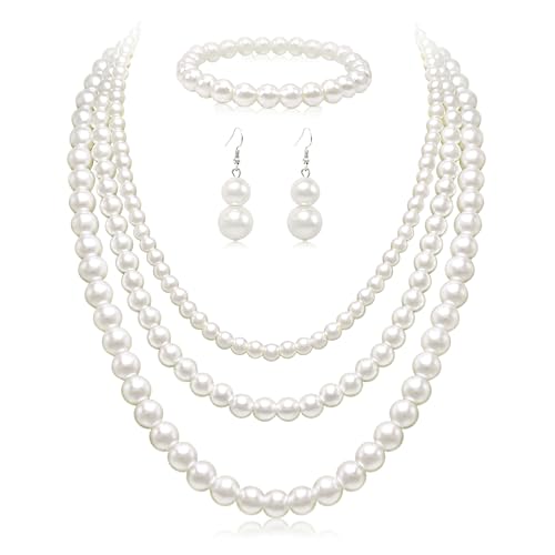 Cryshimmer Pearl Choker Necklace for Women Faux Pearl Beads Strand Necklace Earring Set Costume Jewelry,Gift for Wife Mother - color: Pearl Set-3