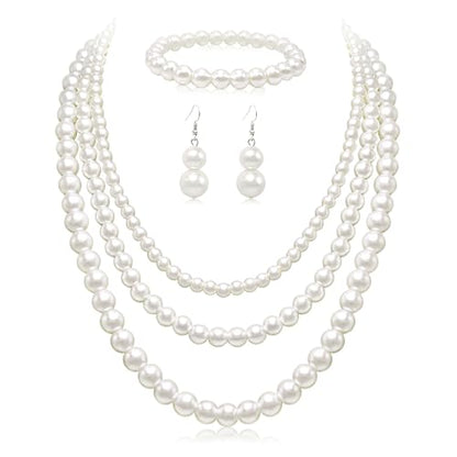 Cryshimmer Pearl Choker Necklace for Women Faux Pearl Beads Strand Necklace Earring Set Costume Jewelry,Gift for Wife Mother - color: Pearl Set-3