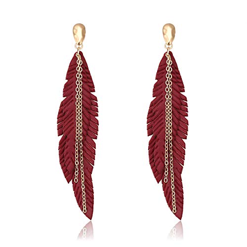NVENF Feather Tassel Dangle Earrings for Women Bohemian Faux Leather Plume Gold-tone Metal Chain Fringe Statement Drop Earrings Vintage Ethnic Style Jewelry - color: Red