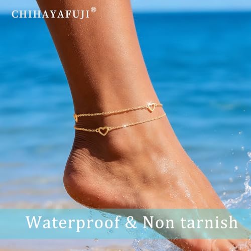 Sterling Silver Ankle Bracelets for Women 14k Gold Waterproof Layered Stackable Non Tarnish Dainty Heart Charm Large Adjustable Anklet for Summer Beach Jewelry Gift - color: goldD