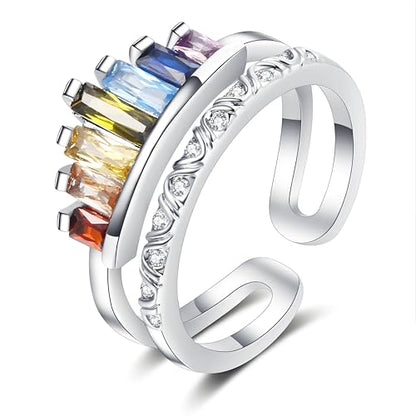 MALOYANVE Rhinestone Crown Open Ring for Women, Colorful Crystal Cubic Zirconia, Rainbow, Adjustable, Elegant Princess Queen Statement Promise Wedding Jewelry - color: Silver