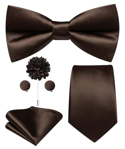 Hi-Tie 5Pcs Mens Solid Color Silk Tie Satin Pretied Bowtie Lapel Pin for Men Handkerchief Cufflink Wedding Gift Box - color: Dark Brown