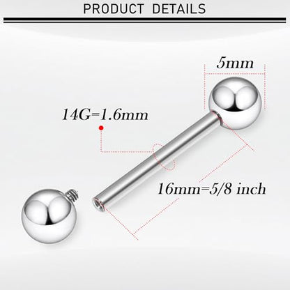 16G-00G Tongue Rings Nipple Piercings Internally Threaded Straight Barbell 316L Surgical Steel Body Piercing Jewelry for Women Men Black silver 12mm 14mm 16mm 19mm Bars Length - color: Silver, size: 14G(1.6mm)-16mm barbells-5mm Balls