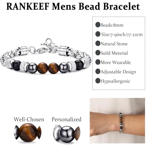 Mens Bead Bracelet Set - Adjustable Elastic Rope With 6&8MM Natural Stone Multi-Colored Beads - Tiger Eye Bracelets for Men - Gift - style: 1 Stainless steel bracelet