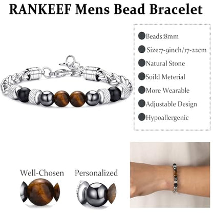 Mens Bead Bracelet Set - Adjustable Elastic Rope With 6&8MM Natural Stone Multi-Colored Beads - Tiger Eye Bracelets for Men - Gift - style: 1 Stainless steel bracelet