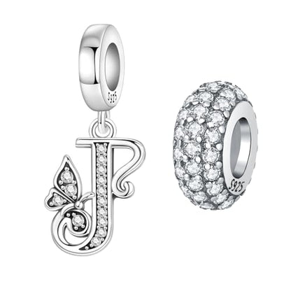 2 Pack 925 Sterling Silver Butterfly Letter Charms for Bracelets and Necklace Alphabet Initial Dangle Pendants Round Spacer Beads Pave Cubic Zirconia Jewelry Gift for Women - color: J Set