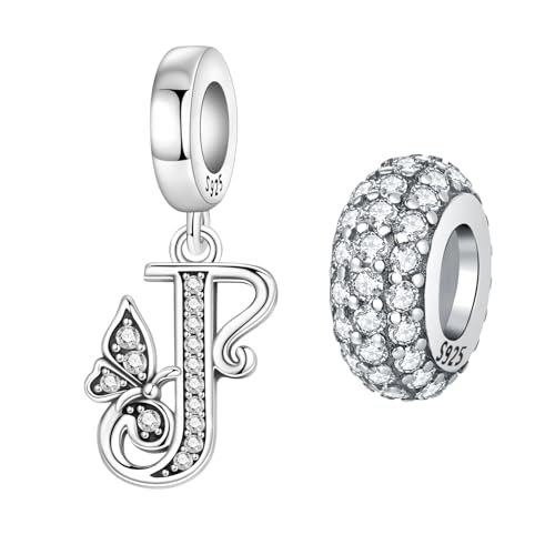 2 Pack 925 Sterling Silver Butterfly Letter Charms for Bracelets and Necklace Alphabet Initial Dangle Pendants Round Spacer Beads Pave Cubic Zirconia Jewelry Gift for Women - color: J Set