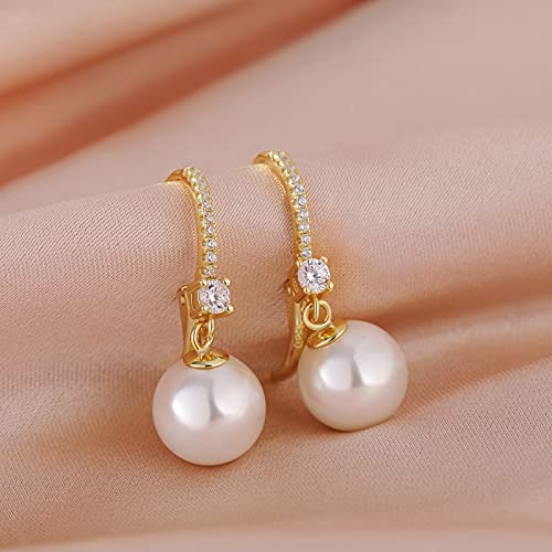 Pearl Dangle Drop Earrings for Women 925 Sterling Silver Pearl Leverback Earrings Cubic Zirconia Pearl Dangling Earrings 10MM - color: 2: Yellow-10mm