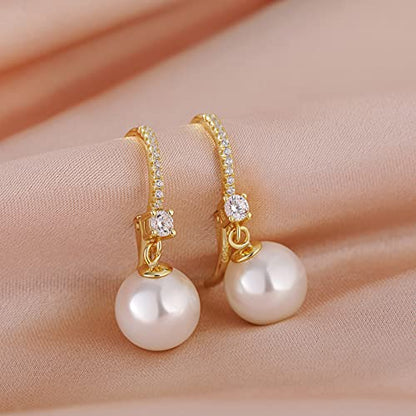 Pearl Dangle Drop Earrings for Women 925 Sterling Silver Pearl Leverback Earrings Cubic Zirconia Pearl Dangling Earrings 10MM - color: 2: Yellow-10mm