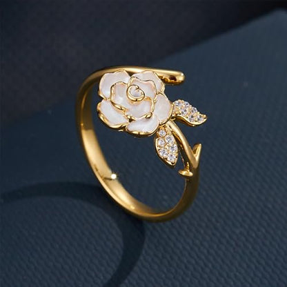 Elegant Cz Camellia Adjustable Open Band Statement Ring for Women Gold Tone Dainty Crystal Enamel Floral Statement Finger Band Rings Wedding Party Fashion Jewelry