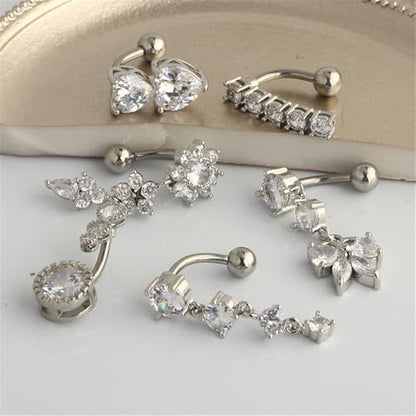 6Pcs 14G Surgical Steel Reversed Belly Button Rings for Women Sparkling CZ Crystal Dangle Belly Button Ring Curved Navel Barbell 3/8" 10mm Navel Piercing Jewelry - color: Rose Gold