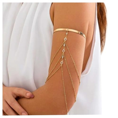 Simple Crystal Bead Tassel Upper Arm Chain Bracelet Multi-layered Bikini Armlet Rhinestone Adjustable Open Arm Cuff Bangle Bracelets Summer Beach Body Jewelry for Women - style: Gold