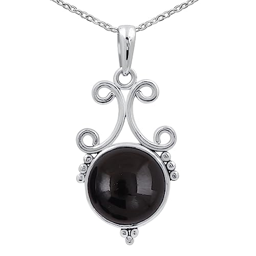 Natural Round Gemstone Pendant Necklace for Women, 925 Sterling Silver | Solitaire Birthstone Jewelry With 18 Inch Chain, Handmade Semi Precious Stone Pendant, Jewelry Gift for Mom, Wife & Sister - color: Black Onyx