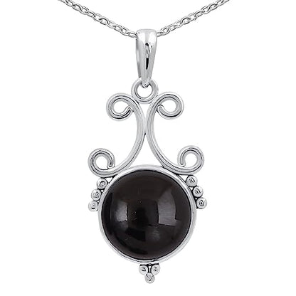 Natural Round Gemstone Pendant Necklace for Women, 925 Sterling Silver | Solitaire Birthstone Jewelry With 18 Inch Chain, Handmade Semi Precious Stone Pendant, Jewelry Gift for Mom, Wife & Sister - color: Black Onyx