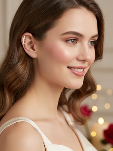 Moissanite 20mm Butterlfy/Flower/Leaf/Bezel Crawler Stud Earrings for Women, 925 Sterling Silver with Gold Plated, Hypoallergenic Cartilage Earrings, Valentines Birthday Anniversary Wedding Gift - color: Bezel Setting - Millgrain - White Gold
