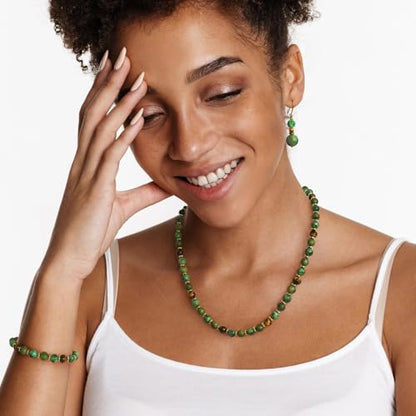 Beaded Necklaces for Women 3Pcs Colorful Boho Gemstone Bead Choker Summer Natural Stone Surfer Beach Bead Necklace Bracelets Earring Set Handmade Jewelry for Women Gift Jewelry Sets - color: Olive Green