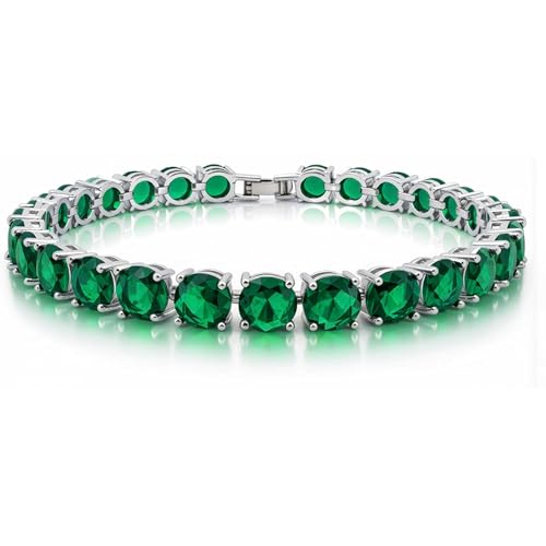 KEZEF Tennis Bracelet for Women, 7mm Round CZ, Silver Plated Brass, 6.5–8 Inch, Fold-Over Clasp - color: Simulated Green Emerald, size: 8 Inch