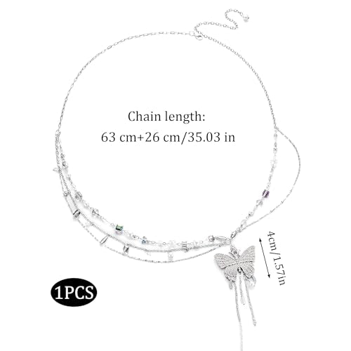 Butterfly Belly Chain - Silver Waist Chain for Women Layered Pearl Rhinestone Y2K Body Jewelry Adjustable Summer Beach Accessories for Bikini Festival Rave Outfits，gift for her jewelry.