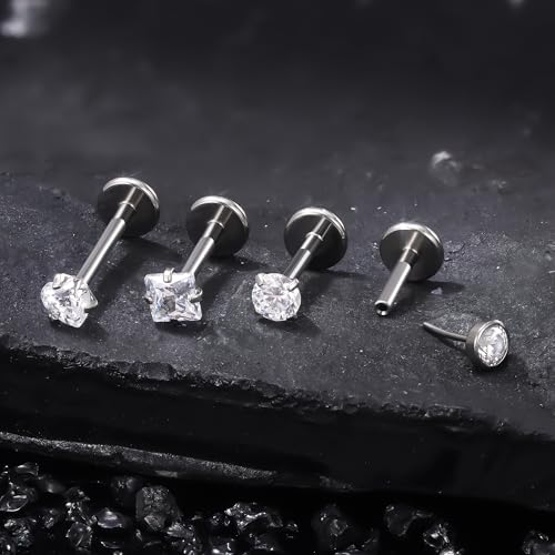 Ruifan Titanium Flat Back Lip Rings Threadless Push in Earrings Studs Nose Rings 20G 18G 16G Round Heart Square CZ Tragus Cartilage Lobe Rook Helix Conch Labret Medusa Piercing Jewelry for Women Men - color: Clear CZ, size: 16G-6/8/10mm