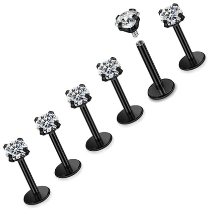 16G ASTM F136 Titanium Surgical Steel Internal Thread Flat Back Studs Earrings Lip Rings Labret Medusa Helix Tragus Cartilage Earring stud Piercing Jewelry for Women Men Silver Black Gold - style: 16g/4mm Clear cz/Black 8mm