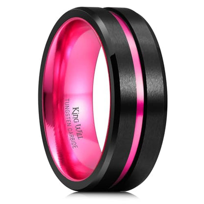 King Will Mens Tungsten Rings for Men Two Tone Grooved Mens Wedding Band Cool - color: Pink