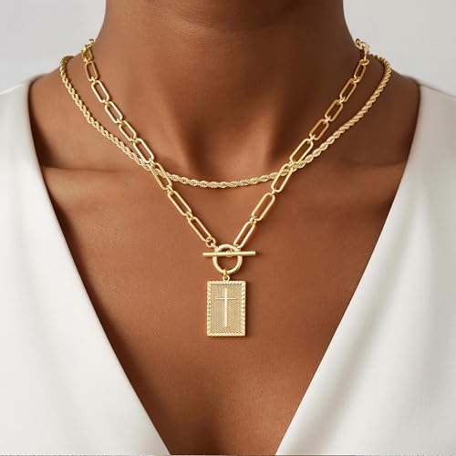 M MOOHAM Cross Necklace for Women Non Tarnish - 14K Gold Plated Dainty Clover Cross Layered Necklaces Stack Set Herringbone Figaro Paperclip Chain Necklace Trendy Religious Baptism Faith Jewelry Gifts - color: cross-rope chain
