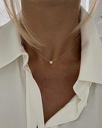 Tewiky Dainty 14k Gold Plated/Silver Cubic Zirconia Necklaces for Women | Simple CZ Jewelry Necklaces Trendy Gifts - color: Gold Bezel CZ