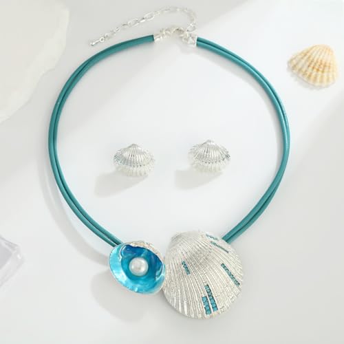 Chunky Statement Jewelry Set Blue Ocean Seashell Choker Necklaces Earrings Set for Women Pearl Bib Collar Necklaces for Party Prom Pageant Summer Fashion Jewelry Unique Birthday Gift - style: shell pearl JS silver blue