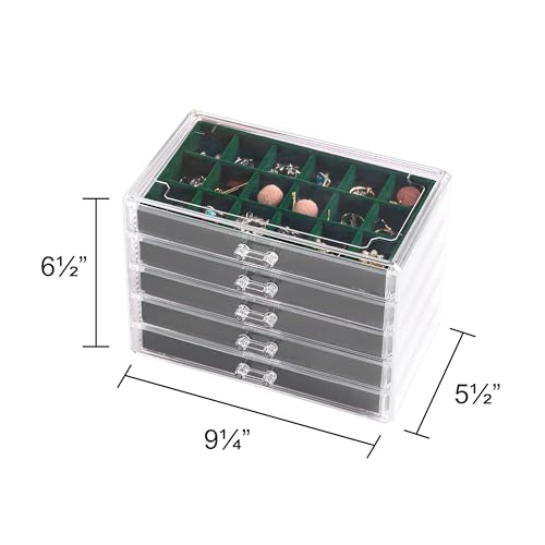 Acrylic Jewelry Organizer Earring Organizer Box with 5 Drawers Earring Holder Organizer with Velvet Trays Clear Jewelry Box for Women Earring Display for Rings Studs(Blackish Green) | 61 Jewelry Storage Grid for Rings Studs Bracelet,Velvet Lining,Transpar