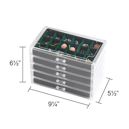 Acrylic Jewelry Organizer Earring Organizer Box with 5 Drawers Earring Holder Organizer with Velvet Trays Clear Jewelry Box for Women Earring Display for Rings Studs(Blackish Green) | 61 Jewelry Storage Grid for Rings Studs Bracelet,Velvet Lining,Transpar
