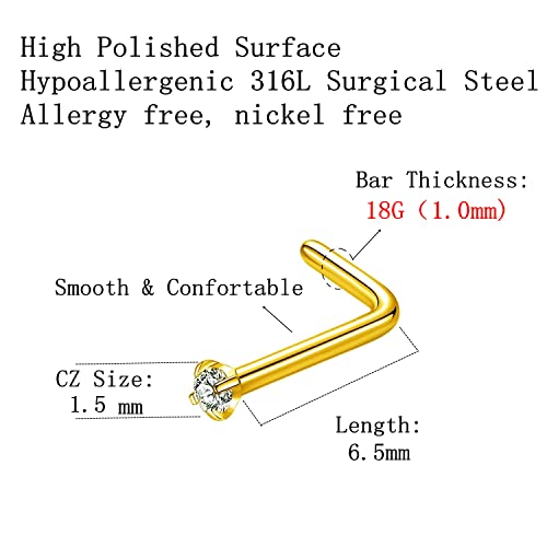 316L Surgical Steel 22g/20g/18g Nose Rings Studs L-Shape Nose Nostrial Piercing Body Jewerly L Shaped Nose Studs 1.5mm 2mm 2.5mm 3mm CZ Nose Screw Studs Rings for Women - style: 6pcs/L-shape/18g/1.5mm Clear CZ/Gold