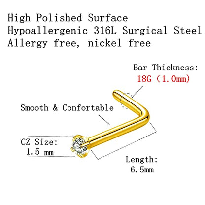 316L Surgical Steel 22g/20g/18g Nose Rings Studs L-Shape Nose Nostrial Piercing Body Jewerly L Shaped Nose Studs 1.5mm 2mm 2.5mm 3mm CZ Nose Screw Studs Rings for Women - style: 6pcs/L-shape/18g/1.5mm Clear CZ/Gold