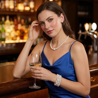 5Pcs Faux Pearl Jewelry Set for Women Adult Pearls Costume Jewelry Simulated Rhinestone Necklace Earrings Bracelet Set for Wedding Mother's Day Bridal Shower Party Accessories