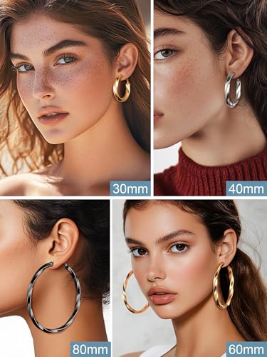 PROSTEEL Chunky Hoop Earrings for Women 14K Gold Plated/Black/Silver | 20/30/40/50/60/70/80mm Stainless Steel Thick Big Round Hoop with Waterproof and Non Tarnish Trendy Jewelry with Gift Box - color: 4. Gold, size: 60MM