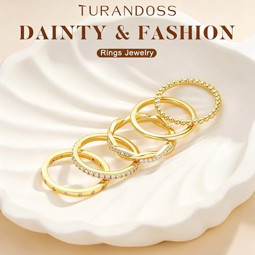 Turandoss Gold Stackable Rings Set for Women Non Tarnish | 14K Gold Plated, Trendy CZ Stackable Engagement Rings Stack, Thin Thumb Wedding Bands Ring Set, Size 6 7 8 9, 5PCS - color: 14K Gold-Plated