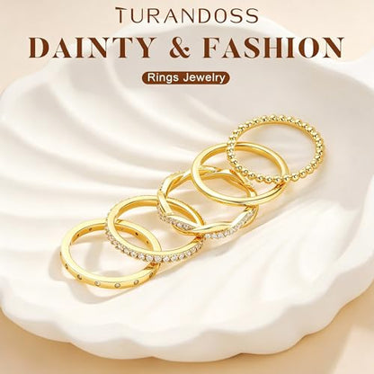 Turandoss Gold Stackable Rings Set for Women Non Tarnish | 14K Gold Plated, Trendy CZ Stackable Engagement Rings Stack, Thin Thumb Wedding Bands Ring Set, Size 6 7 8 9, 5PCS - color: 14K Gold-Plated