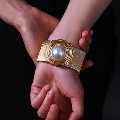 Chunky Gold Cuff Bracelets for Women Stack Silver Bracelet Vintage Bohemian Indian Bangles for Women Adjustable Open Wide Gold Bangle Bracelet Trendy Statement Jewelry - style: GOLD FINISH WHITE PEARL