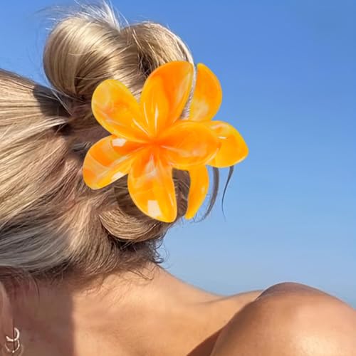Flower Hair Clips for Women Girly Claw Clips Summer Beaches Fashion Hair Accessories Orange Plumeria with Marble Design Barrettes Hold Hair in Place for Thick Thin Hair(3Pcs:1 Large 2 Small) - color: Orange-Yellow