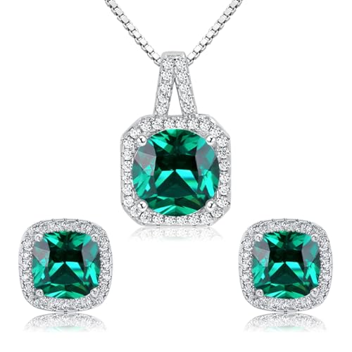 Cubic Zirconia Necklace and Earrings Set for Women 14K White Gold Plated Bridesmaid Silver Jewelry Set for Women Pendant Necklace Hypoallergenic Stud Earrings Set Jewellery Gift for Mom Wife Bride Bridesmaid - color: Green-Square Shape