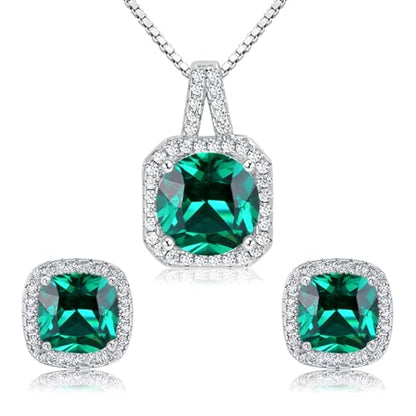 Cubic Zirconia Necklace and Earrings Set for Women 14K White Gold Plated Bridesmaid Silver Jewelry Set for Women Pendant Necklace Hypoallergenic Stud Earrings Set Jewellery Gift for Mom Wife Bride Bridesmaid - color: Green-Square Shape