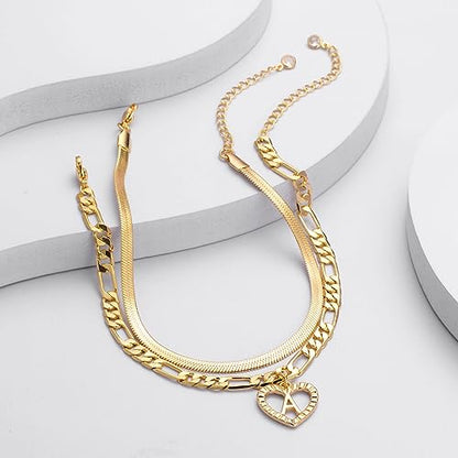 YANODA Gold Ankle Bracelets for Women Waterproof, 14k Gold Plated Layered Snake Anklets Figaro Chain Letter Initial Anklets Handmade Heart Ankle Bracelets Personalized for Women Beach Jewelry Gifts - color: V
