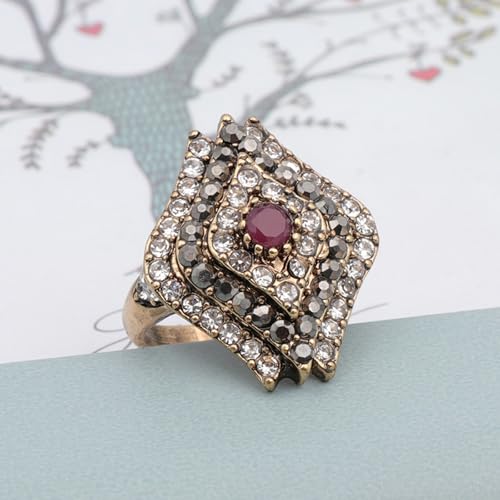 Vintage Full-Pavé Natural Stone Statement Ring for women, Bohemian sliver plated Cocktail Band with Red Resin Center, Boho Gemstone Ring with Black/White Crystal Cluster,Retro Accessory Jewelry