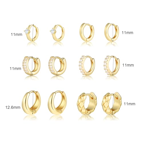 Wgoud Small Gold Hoop Earrings Set for Women, 6 Pairs 14K Gold Plated Hypoallergenic Lightweight Huggie Hoops Earrings, Trendy Cartilage Cubic Zirconia Earrings for Women Gifts. - color: E-Gold hoops