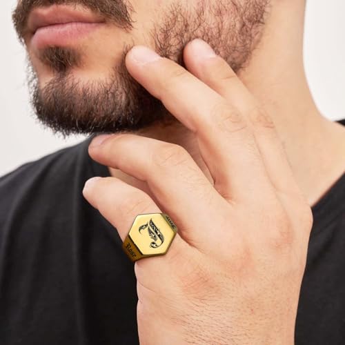 Custom Signet Ring for Men Personalized Initial Ring Custom Mens Rings Engraved Ring Customized Memorial Graduation Gifts for Father Husband Boyfriend Friends - color: Hexagon Gold