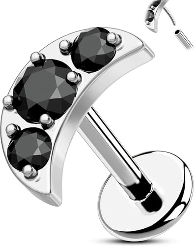 OUFER Body Piercing Titanium Flat Back Nose Stud 18G Moon Cartilage Earring Studs 6MM Threadless Helix Tragus Piercing Jewelry for Women Black Lip Piercing Jewelry - color: silver