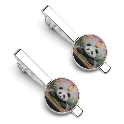 Tie Clip for Men, Tie Bar Cufflinks Set, Copper Necktie Clip And Shirt Cuff Links for Business Wedding Gift - color: Panda Picnic Lanterns