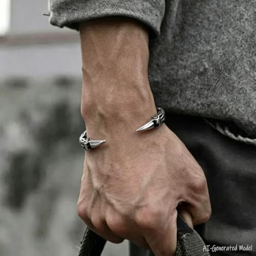 Raven Torc Bracelet for Men Norse Viking Raven Bangle Adjustable Stainless Steel Twisted Viking Jewelry - color: Silver